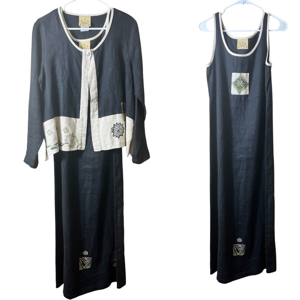 Vintage‎ Blue Cactus Linen Maxi Dress with Jacket Boho Artsy Aztec Small Resort